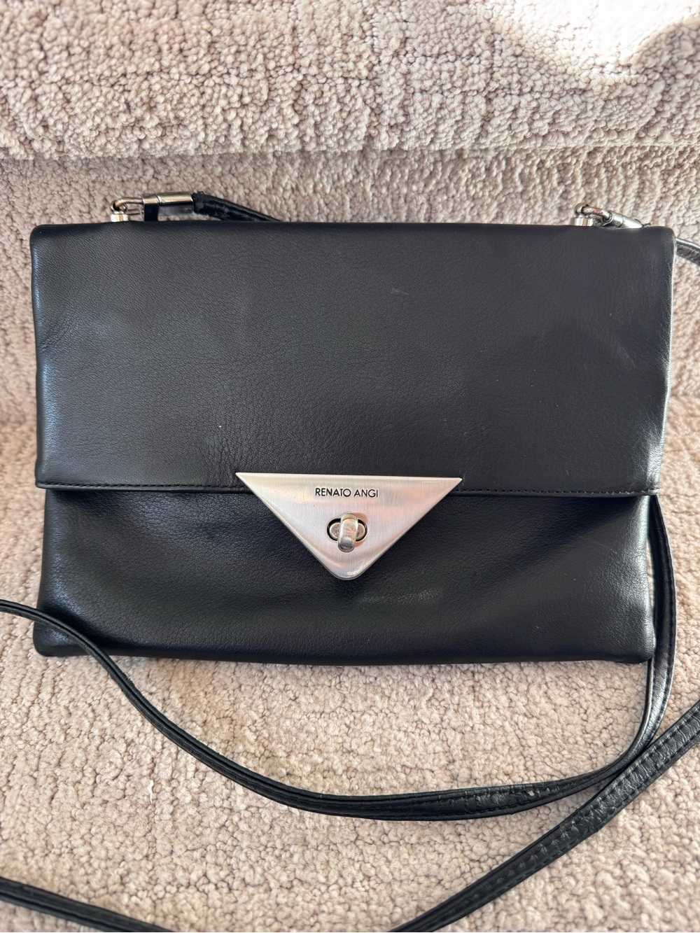 Renato Angi Black Leather Crossbody with Silver Triangle Clasp